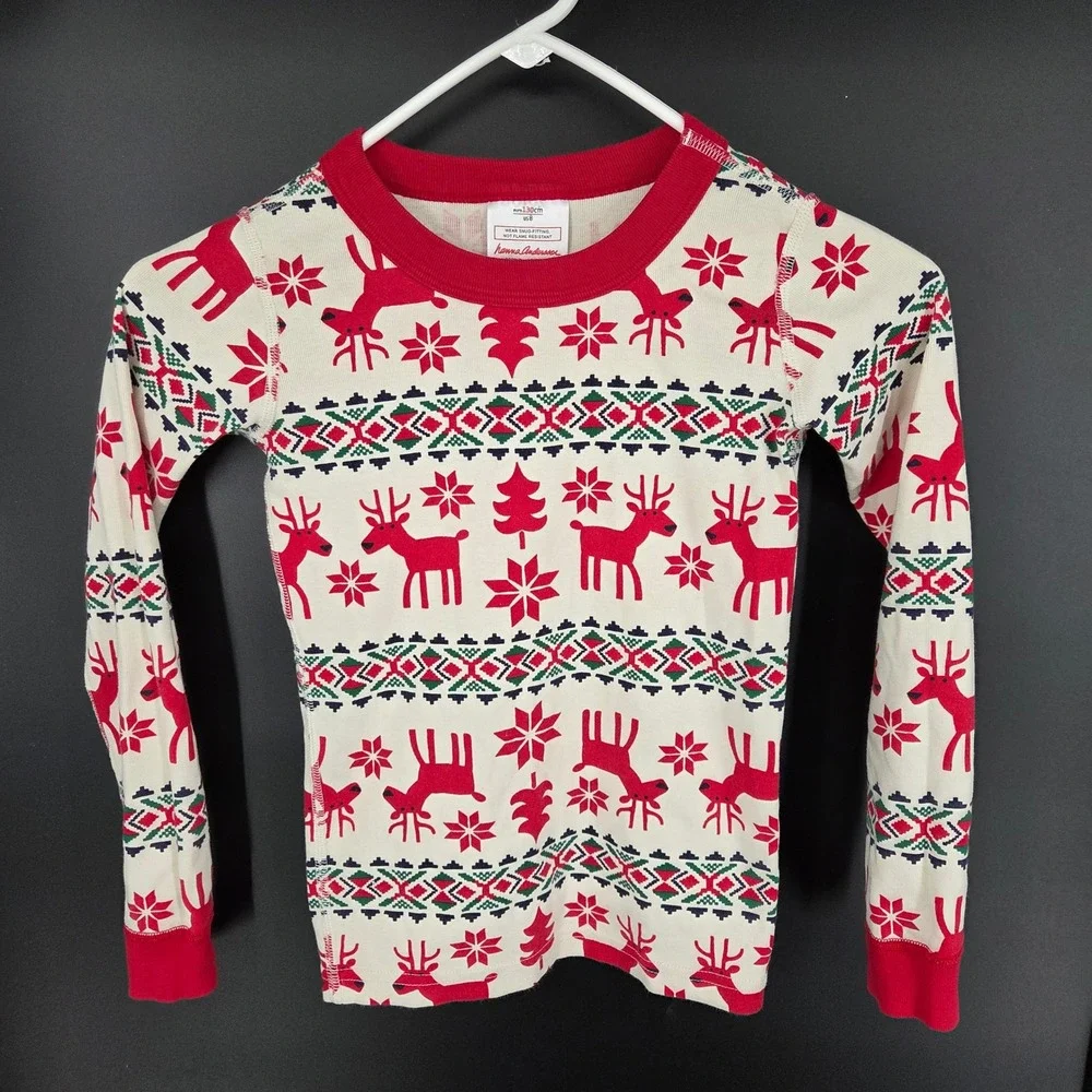 Hanna Andersson Kids 8 Reindeer Fair Isle Organic Cotton Pajama Set Red Cream